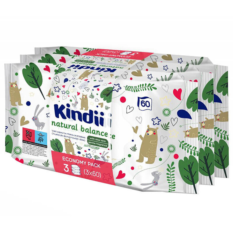 Kindii Natural Balance, vochtige doekjes voor baby's en kinderen, 3 x 60 st.