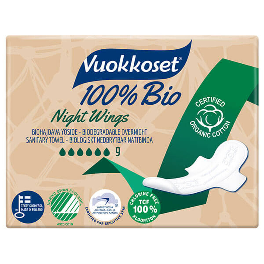 Vuokkoset, biologisch katoenen nachtdoekjes, 100% Bio, Normale Vleugels, 9 stuks