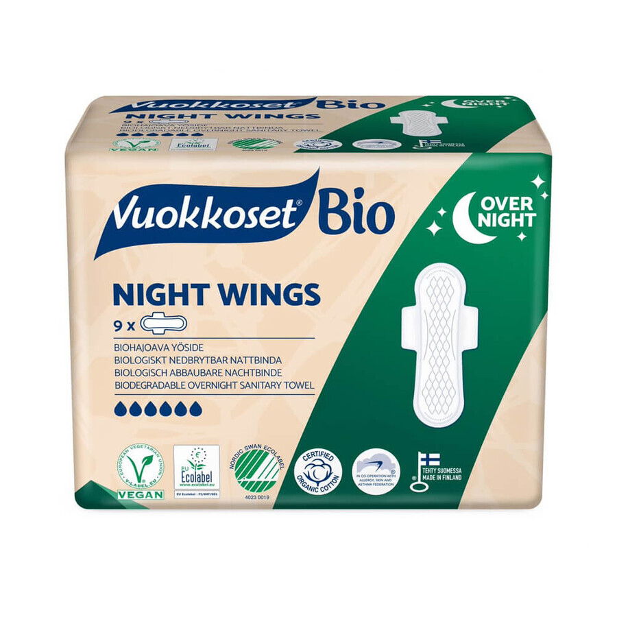 Vuokkoset, biologisch katoenen nachtdoekjes, 100% Bio, Normale Vleugels, 9 stuks