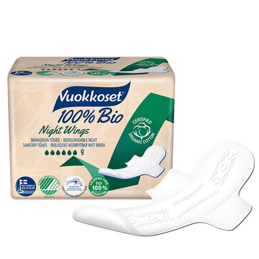 Vuokkoset, biologisch katoenen nachtdoekjes, 100% Bio, Normale Vleugels, 9 stuks