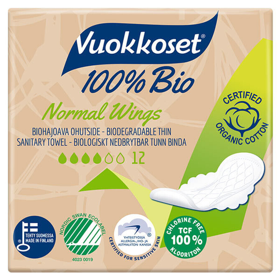 Vuokkoset, biologisch katoenen maandverband, 100% Bio, Normale vleugels, 12 stuks