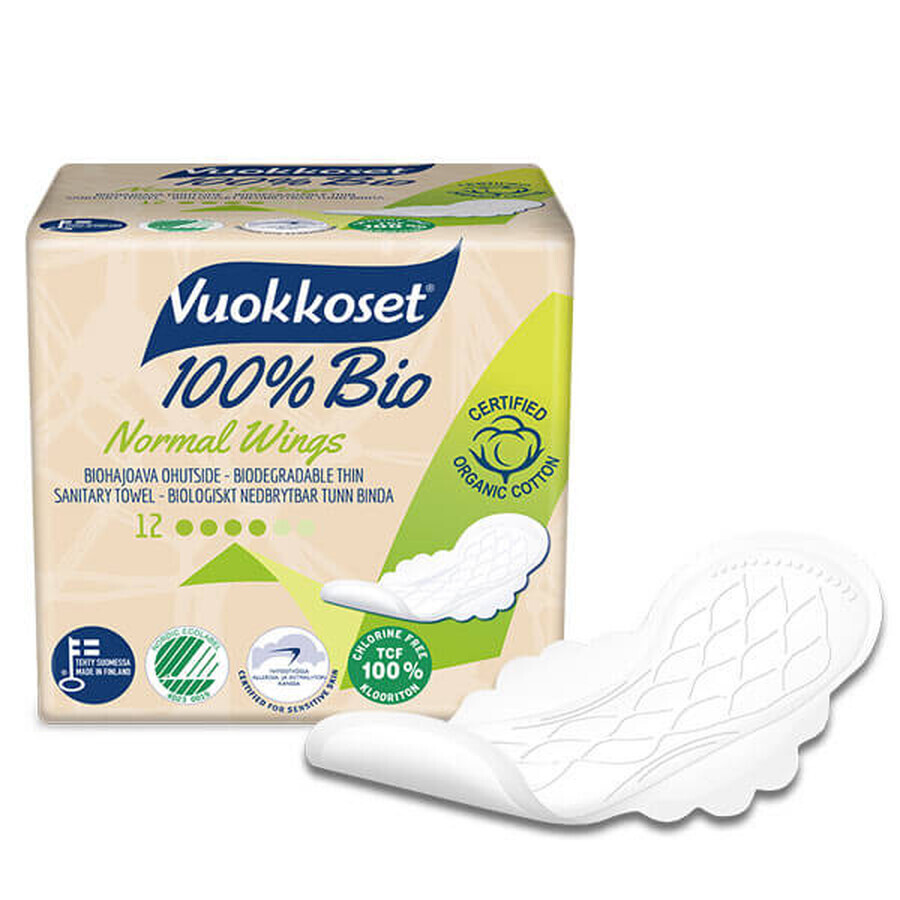 Vuokkoset, biologisch katoenen maandverband, 100% Bio, Normale vleugels, 12 stuks