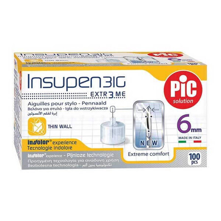 Pic Solution Insupen, agujas para pluma de insulina, 31G (0,25 mm) x 6 mm, 100 unidades