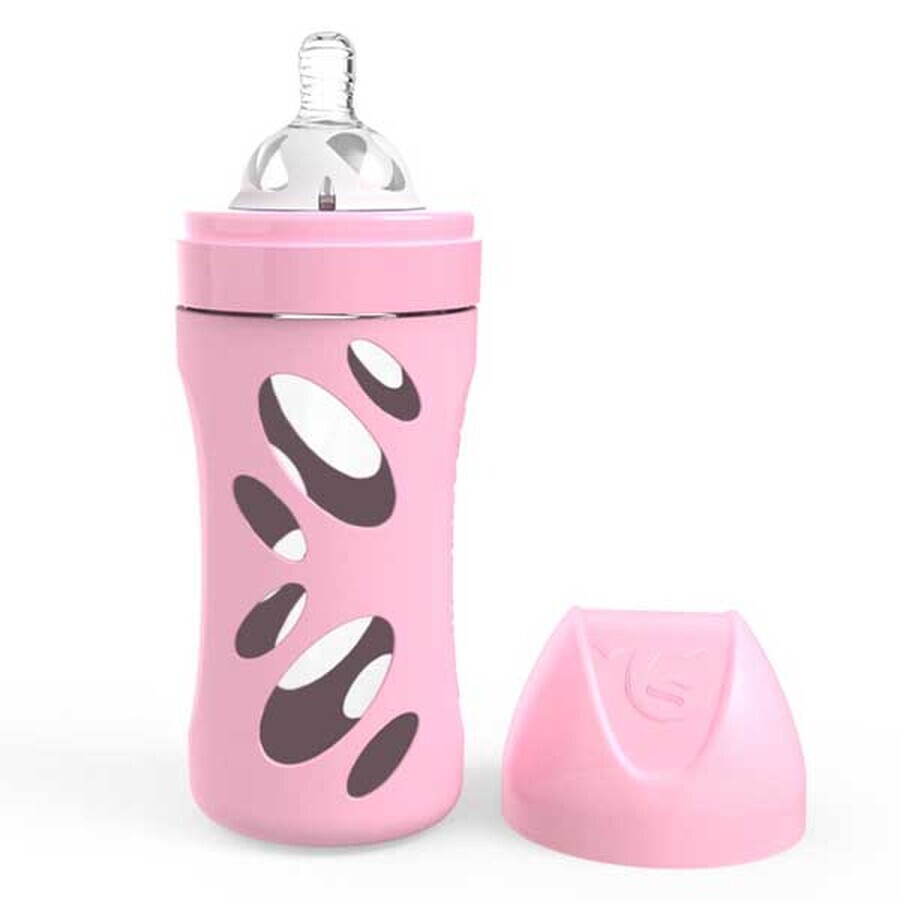 Twistshake, biberon anticolica, in vetro, con tettarella M in silicone a flusso medio, rosa, da 2 mesi, 260 ml