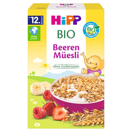 HIPP Bio Meergranen Muesli, aardbeien en frambozen, zonder toegevoegde suiker, vanaf 12 maanden, 200 g