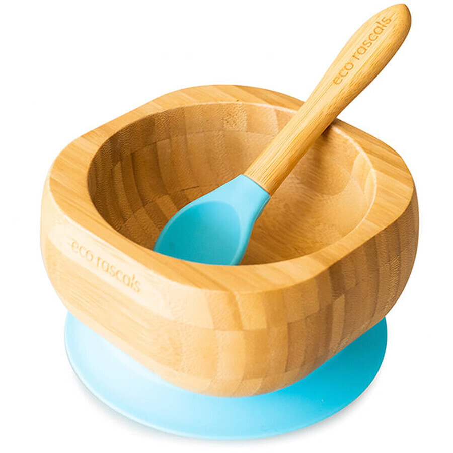 Ecorascals Deep Bamboo Bowl with Suction Cup and Spoon, Blue, 1pc