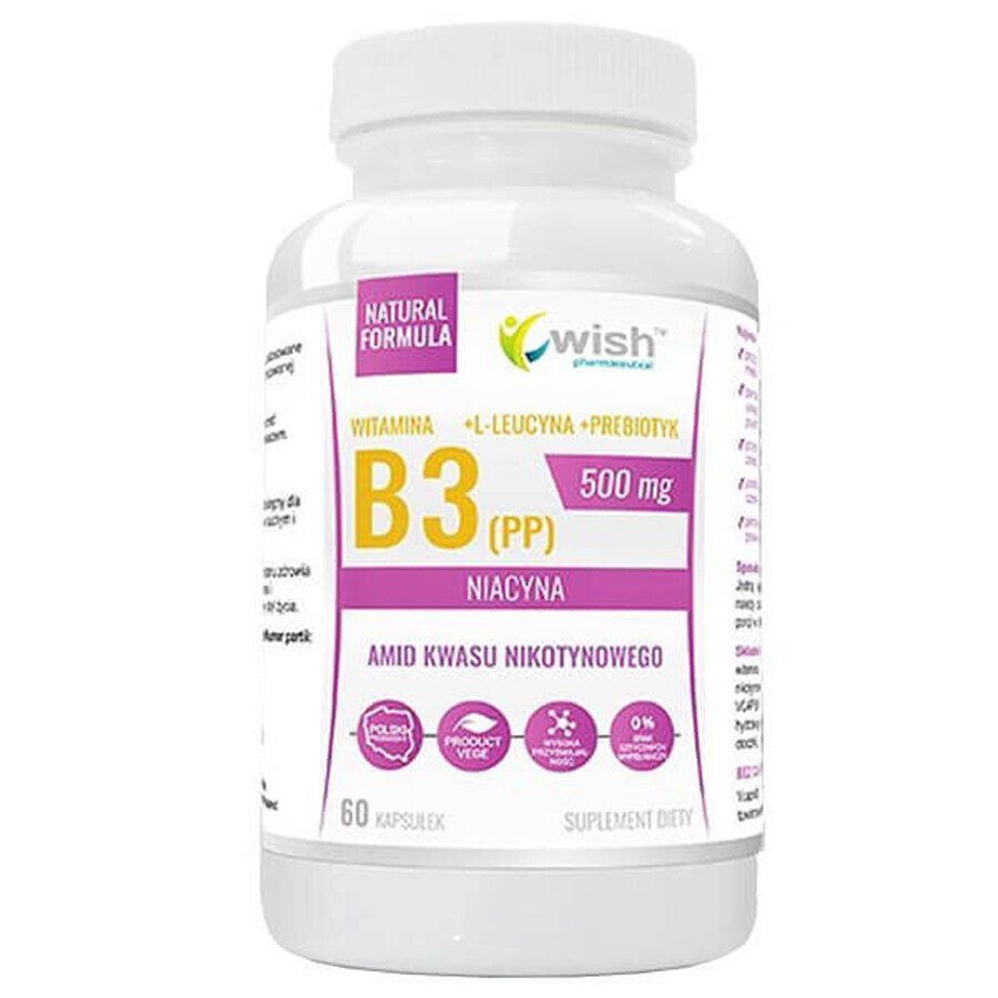 Wish Vitamin B3 (PP) Niacin 500 mg + Prebiotic + L-Leucine Vege, 60 capsules