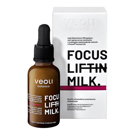 Veoli Botanica Focus Lifting Milk, siero emulsione liftante, anti-age, con bacchiole e Fision Instant Lift , 30 ml