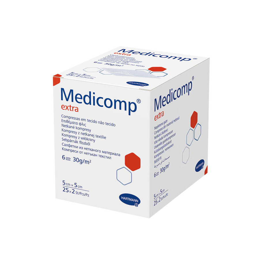 Medicomp Extra, compresses stériles en non-tissé, 6 couches, 30 g/m2, 5 cm x 5 cm, 50 pièces.