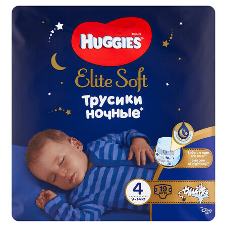 Huggies Elite Soft Night Pants, pañales de noche, Disney, talla 4, 9-14 kg, 19 piezas