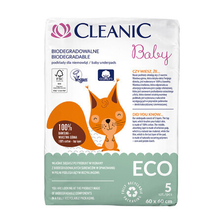 Cleanic Baby Eco, biologisch afbreekbare maandverbanden, 60 cm x 60 cm, 5 stuks