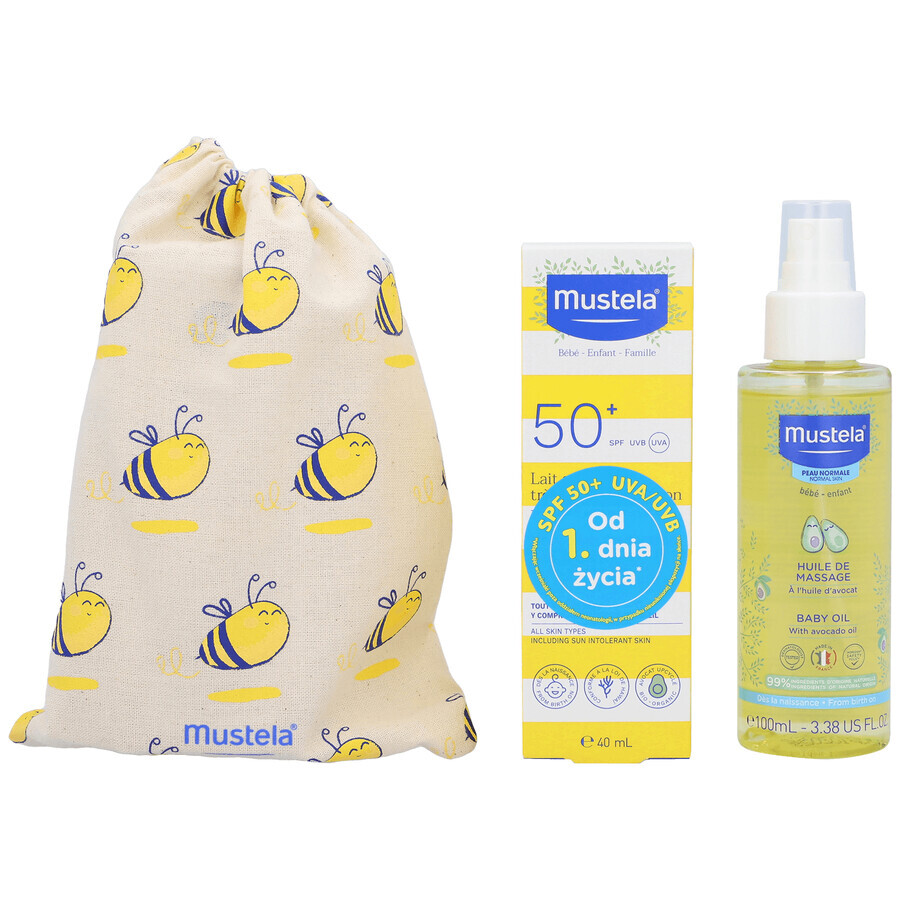 Mustela Sun set, Baby on the go - piele uscată, lapte de protecție solară, SPF 50, 40 ml + ulei de masaj, 100 ml