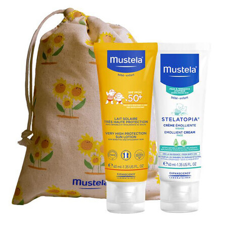 Mustela Sun set, Baby on the go - atopiegefährdete Haut, Sonnenschutzmilch, SPF 50, 40 ml + Stelatopia, Gesichtscreme, 40 ml