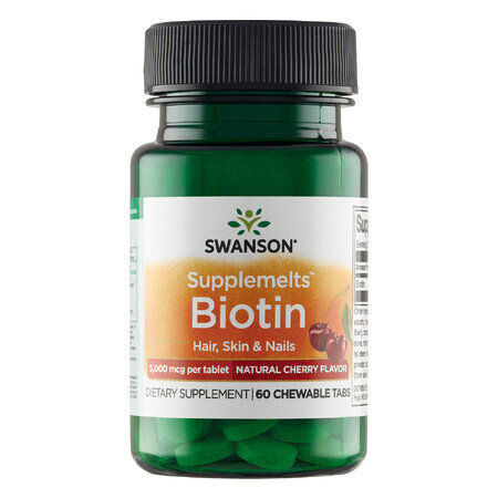 Swanson Biotin Supplemelts, biotine 5000 µg, goût cerise, 60 comprimés à croquer