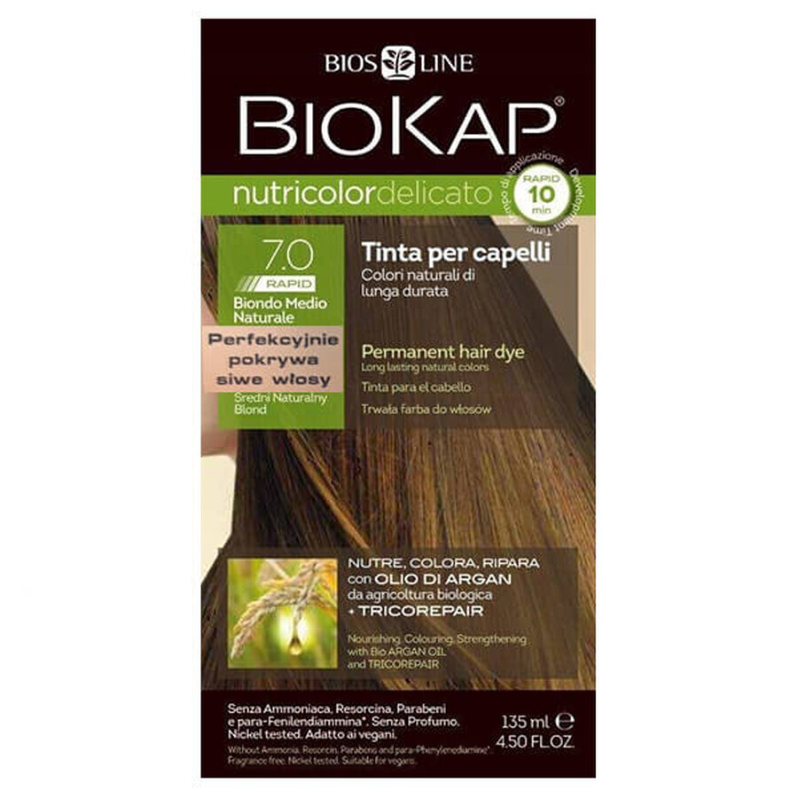 Biokap Nutricolor Delicato Rapid, tinte colorante para el cabello, 7.0 rubio medio natural, 135 ml