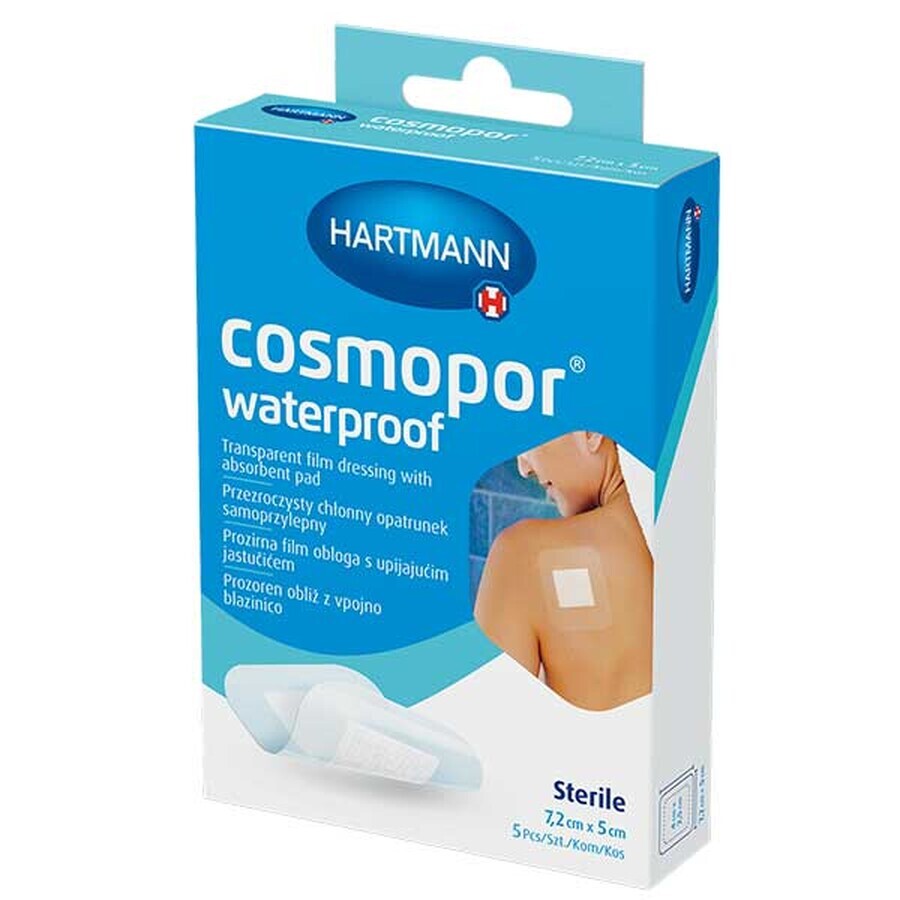 Cosmopor Waterproof, pansament absorbant, autoadeziv, impermeabil, steril, transparent, 7,2 cm x 5 cm, 5 buc.