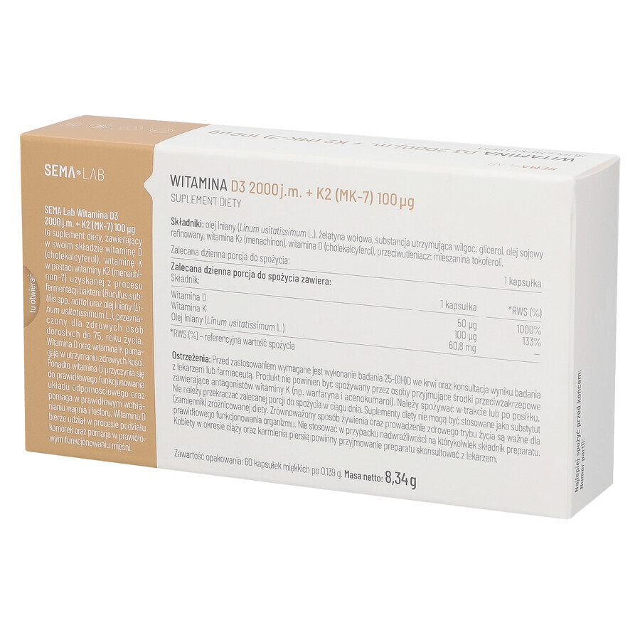 SEMA Lab Vitamine D3 2000 IE + K2 (MK-7) 100 µg, 60 capsules