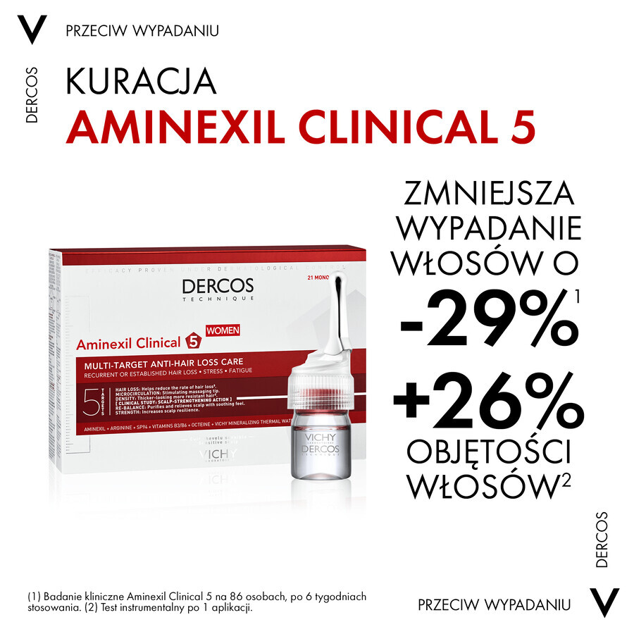 Vichy Dercos Aminexil Clinical 5, tratament împotriva căderii părului pentru femei, 6 ml x 21 fiole