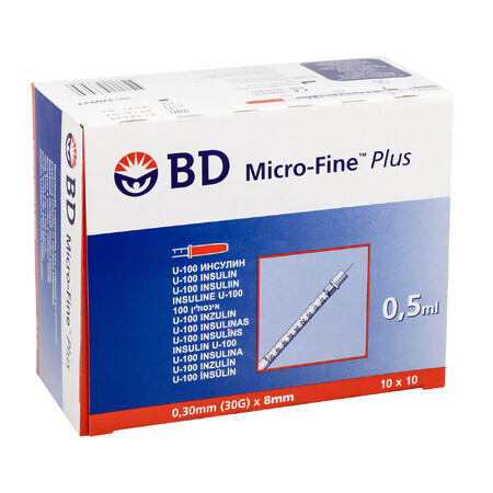 BD Micro-Fine Plus, insulinespuit, 0,5 ml, U-100, met 30G naald, 0,3 x 8 mm, 100 stuks