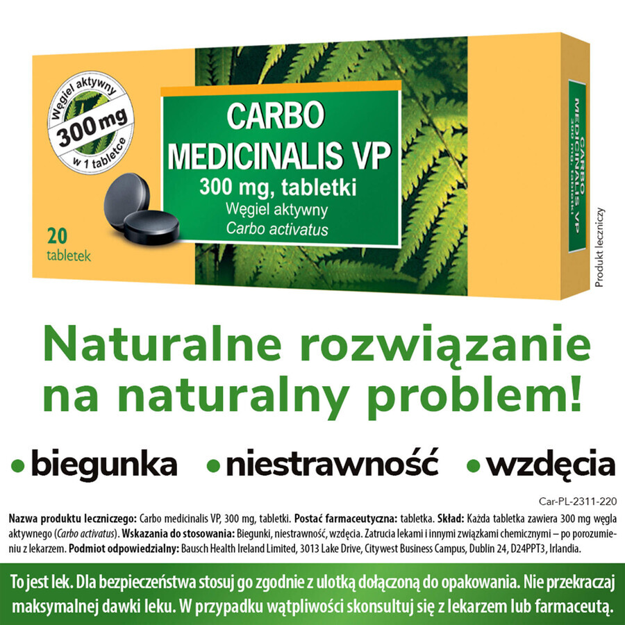 Carbo medicinalis VP 300 mg, geactiveerde houtskool, 20 tabletten