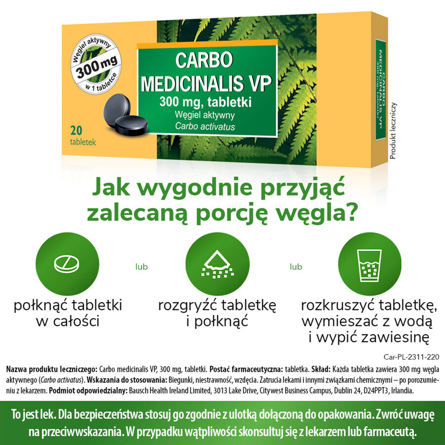 Carbo medicinalis VP 300 mg, geactiveerde houtskool, 20 tabletten