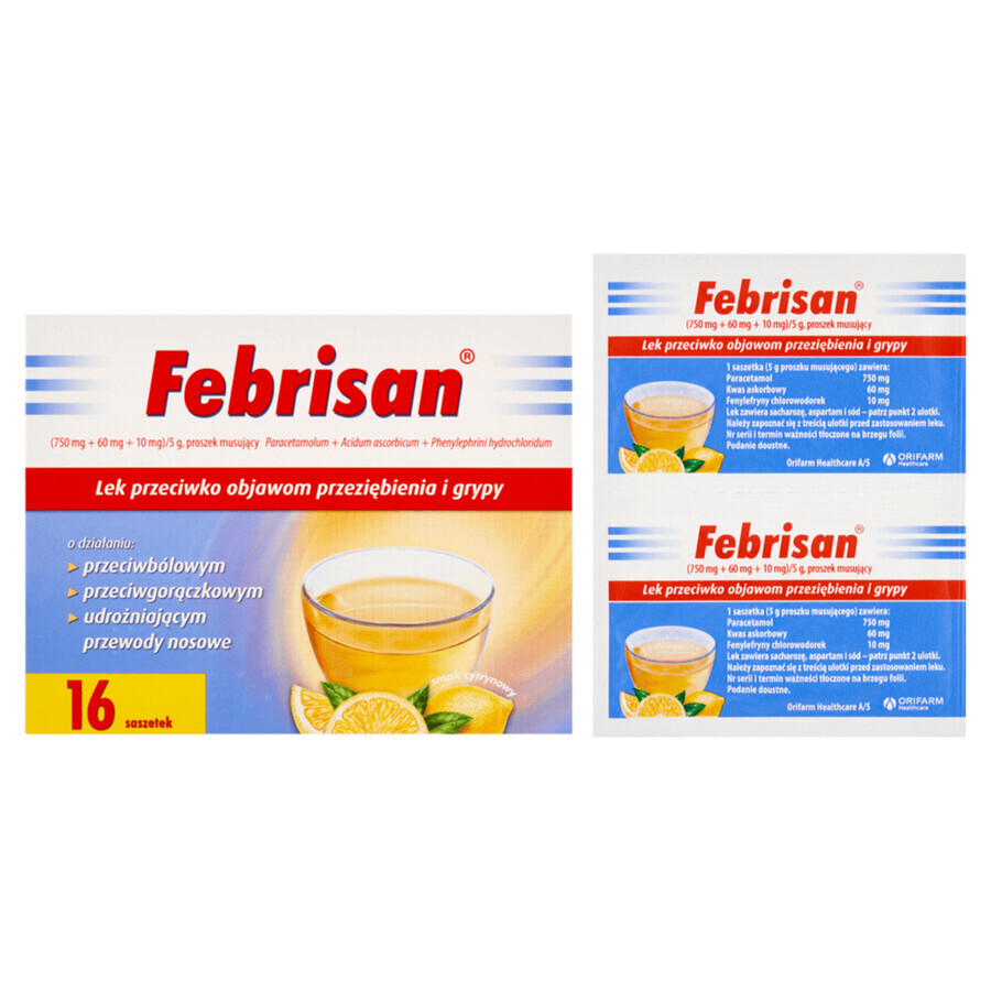 Febrisan (750 mg + 60 mg + 10 mg)/ 5 g, bruispoeder, 16 sachets