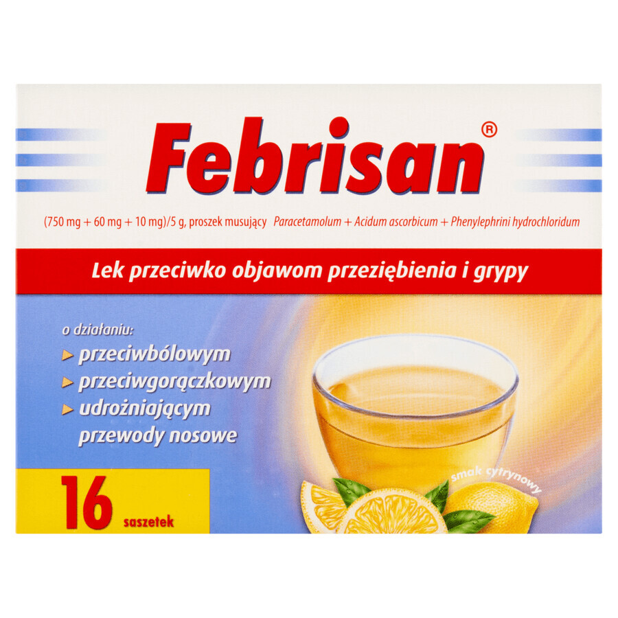 Febrisan (750 mg + 60 mg + 10 mg)/ 5 g, bruispoeder, 16 sachets