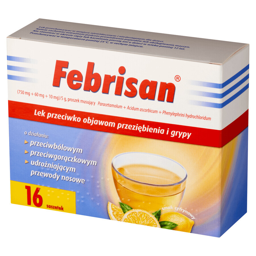 Febrisan (750 mg + 60 mg + 10 mg)/ 5 g, bruispoeder, 16 sachets