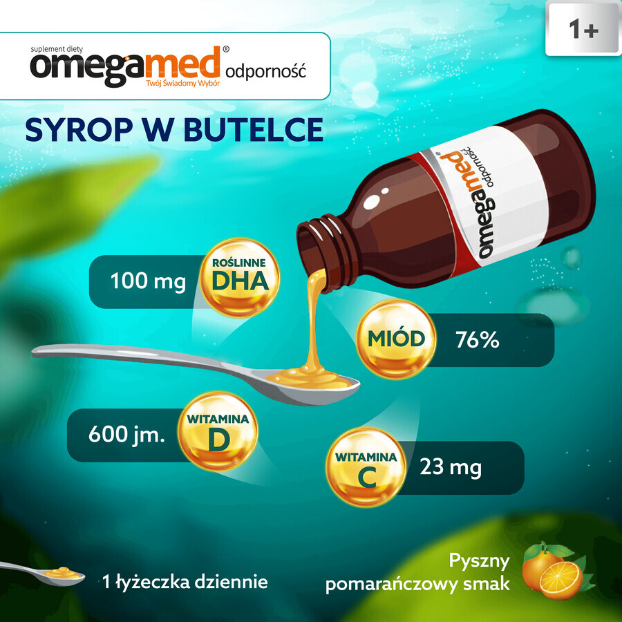 Omegamed Immunité DHA, sirop pour enfants de plus de 1 an, saveur orange, 140 ml EMBALLAGE CONTAMINE