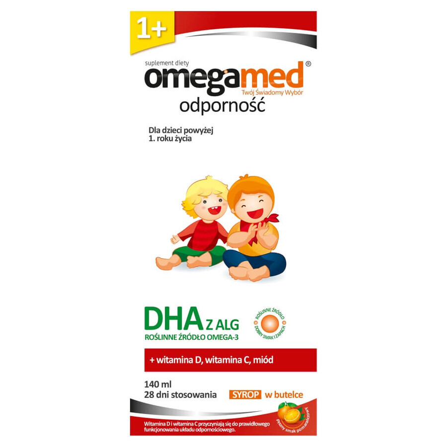 Omegamed Immunité DHA, sirop pour enfants de plus de 1 an, saveur orange, 140 ml EMBALLAGE CONTAMINE