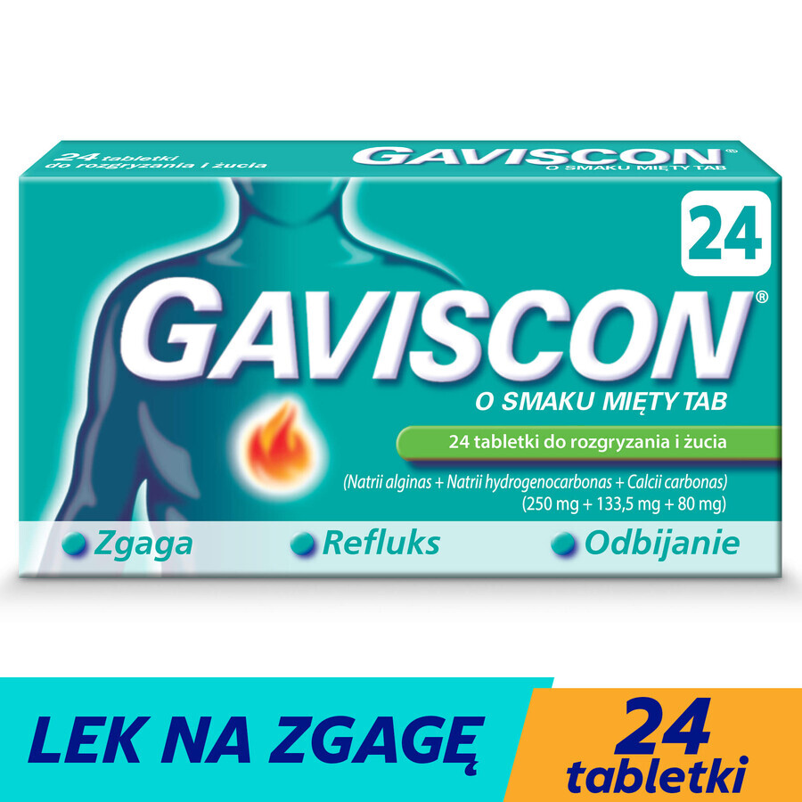 Gaviscon minttab 250 mg + 133,5 mg + 80 mg, 24 kauwtabletten