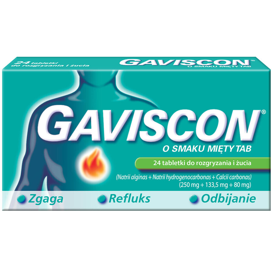 Gaviscon minttab 250 mg + 133,5 mg + 80 mg, 24 kauwtabletten