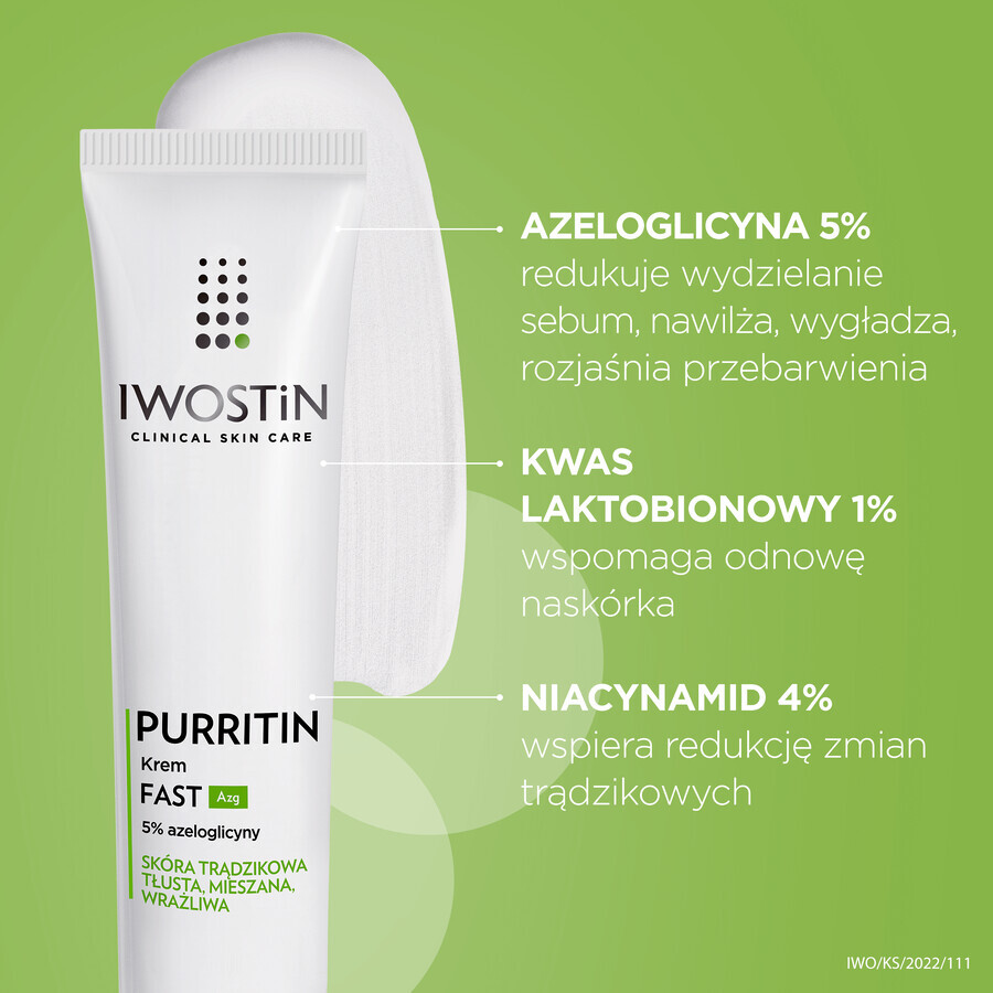 Iwostin Purritin, Fast Azg 5% azeloglycine crème, peaux acnéiques, grasses, mixtes et sensibles, 40 ml