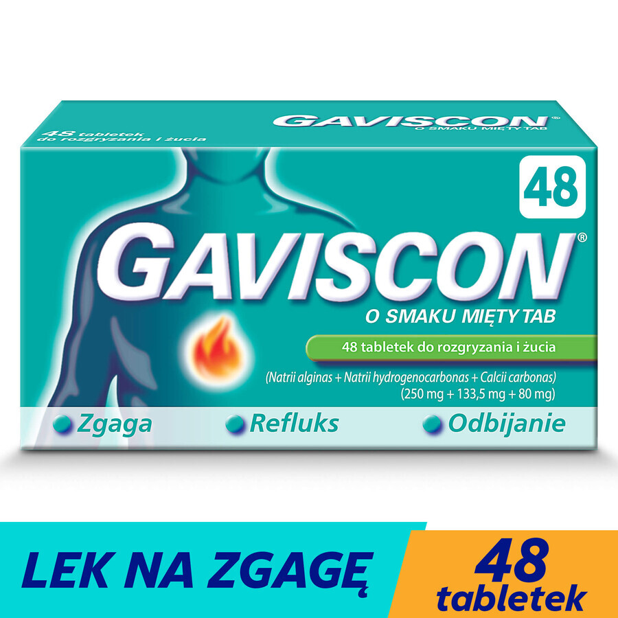 Gaviscon minttab 250 mg + 133,5 mg + 80 mg, 48 kauwtabletten