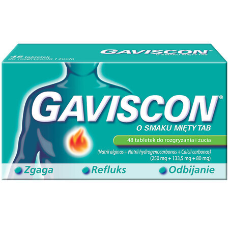 Gaviscon minttab 250 mg + 133,5 mg + 80 mg, 48 kauwtabletten