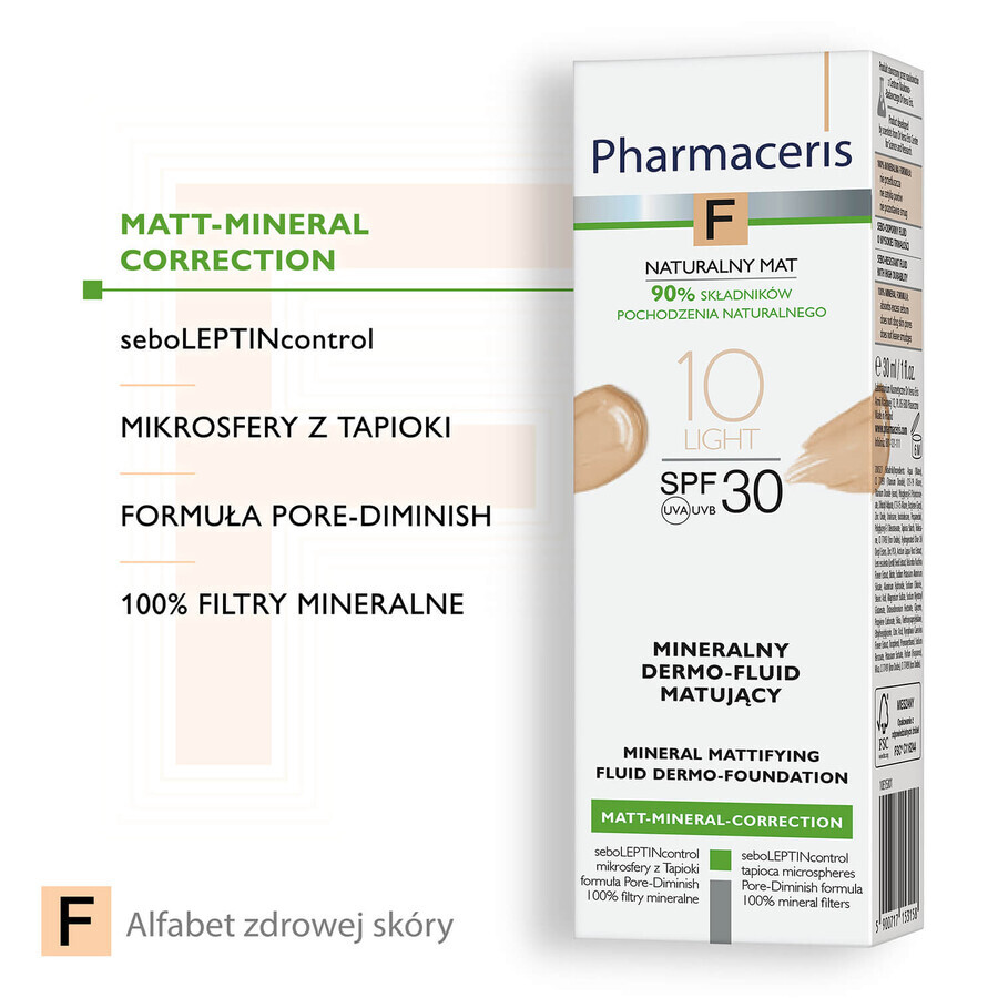 Pharmaceris F Matte-Minerale-Correctie, minerale matterende dermovloeistof, 10 Licht, SPF 30, 30 ml