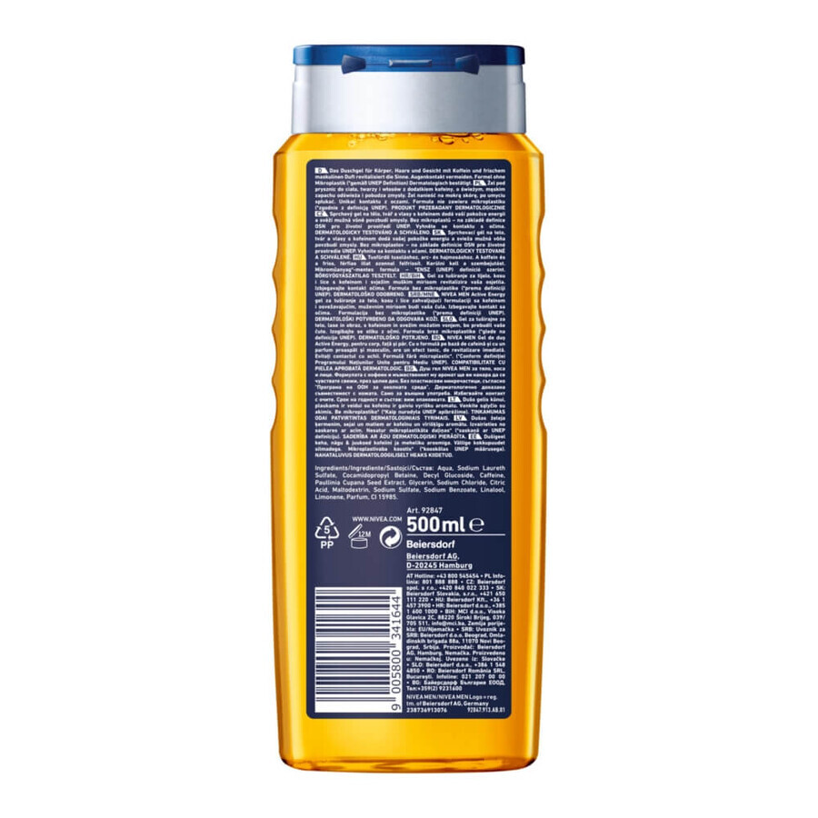 Nivea Men Active Energy, 3-in-1 douchegel voor gezicht, lichaam en haar, 500 ml