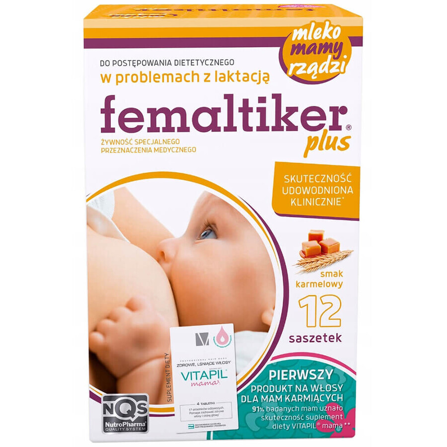 Femaltiker Plus, karamelsmaak, 12 sachets + Vitapil Mama, 4 tabletten