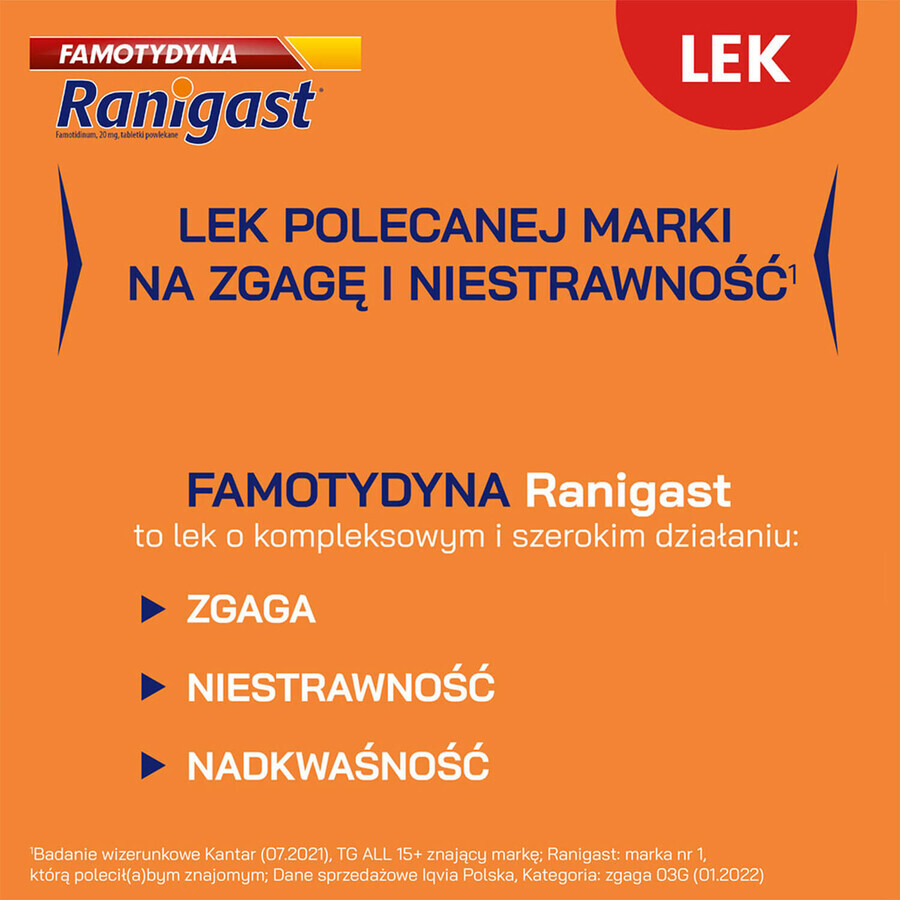 Famotidine Ranigast 20 mg, 20 comprimés pelliculés