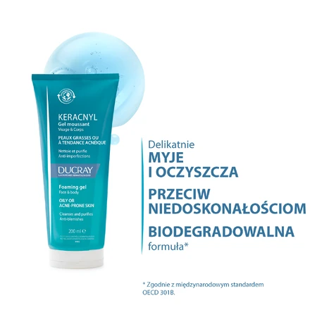 Ducray Keracnyl, foaming gel for face and body, 200 ml