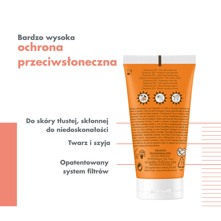 Avene Cleanance Sun, crema protettiva per il viso, pelle grassa e tendente alle imperfezioni, SPF 50+, 50 ml