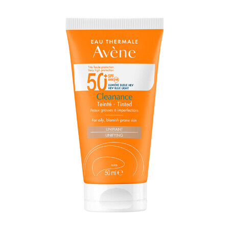 Avene Cleanance Sun, crema facial protectora, con color, pieles grasas y con tendencia a imperfecciones, FPS 50+, 50 ml