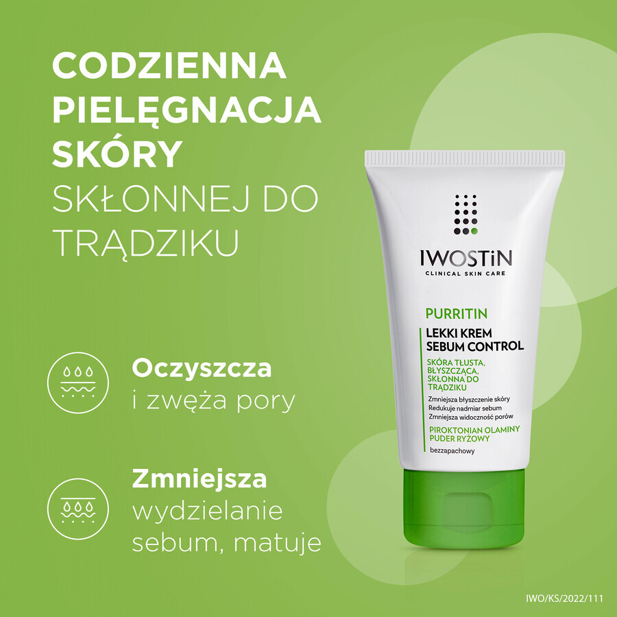 Iwostin Purritin, crema ligera Sebum Control, piel grasa, brillante y con tendencia acneica, 60 ml