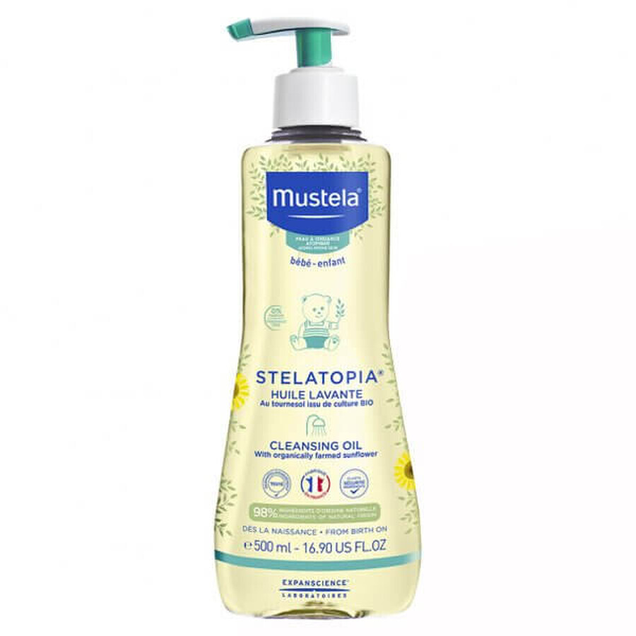 Mustela Stelatopia, reinigingsolie vanaf de geboorte, 500 ml + verzachtende gezichtscrème, 40 ml gratis 