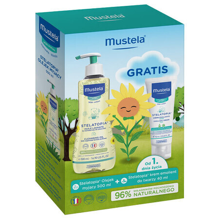 Mustela Stelatopia, reinigingsolie vanaf de geboorte, 500 ml + verzachtende gezichtscrème, 40 ml gratis 