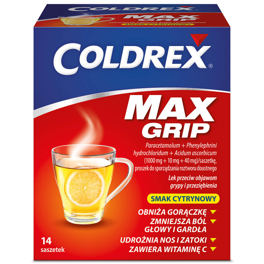 Coldrex MaxGrip 1000 mg + 10 mg + 40 mg, lemon flavor, 14 sachets