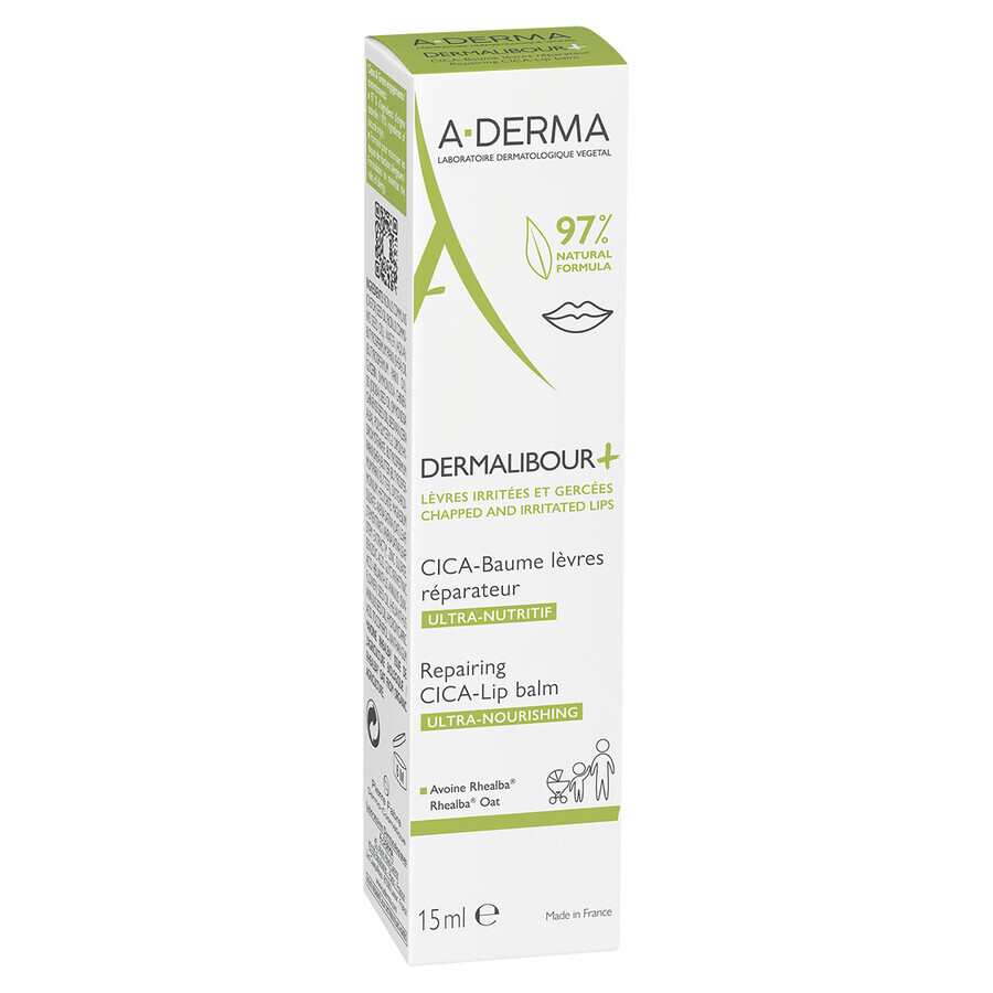 A-Derma Dermalibour+ Cica, regenererende lippenbalsem, 15 ml