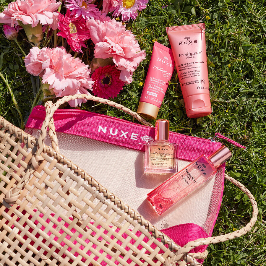 Nuxe Prodig Floral Set mit Schminktasche, Duschgel, 30 ml + Öl, 10 ml + Parfüm, 15 ml + Creme, 15 ml