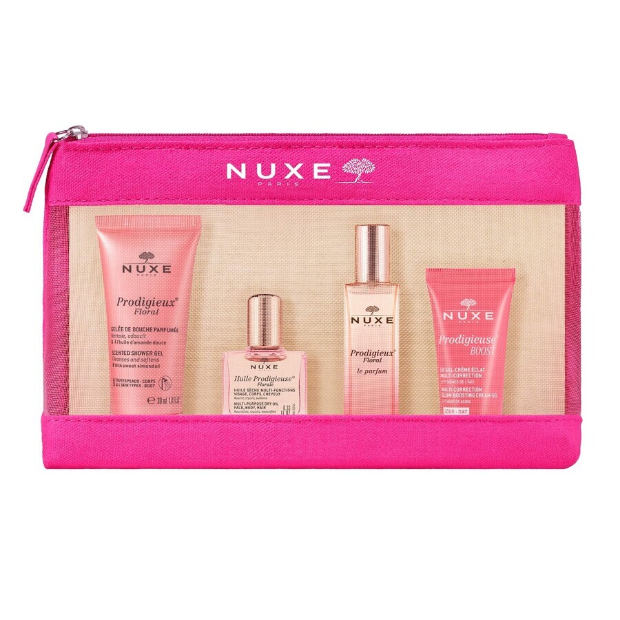 Nuxe Prodig Floral Set mit Schminktasche, Duschgel, 30 ml + Öl, 10 ml + Parfüm, 15 ml + Creme, 15 ml