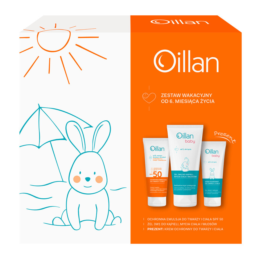 Set Oillan Sun, Emulsione protettiva viso e corpo, SPF 50, 100 ml + gel da bagno 3in1, 200 ml + dermo-crema idratante, 75 ml in omaggio